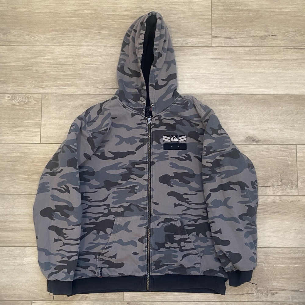 Vintage Y2K Quiksilver Sherpa Lined Camo Hoodie Men's Size Large Skater Grunge